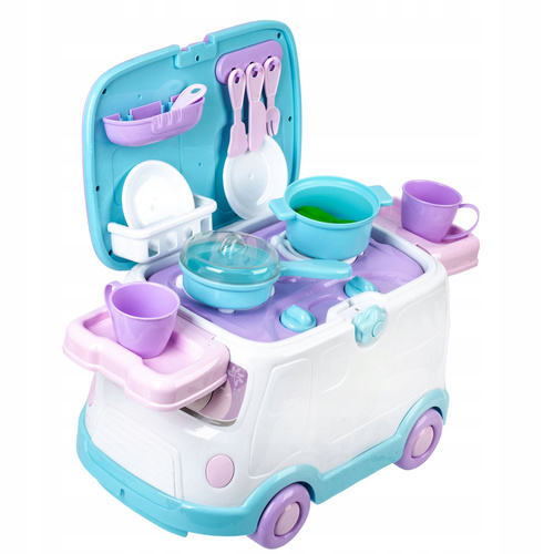 Jeździk Auto Van Mini Kuchnia Garnki Akcesoria Zabawka 3 w 1