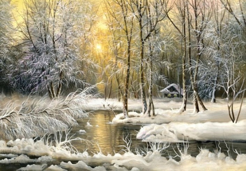 Diamentowa Mozaika Zimowy Las Nad Rozlewiskiem Z Samotną Chatką 30x40 Cm