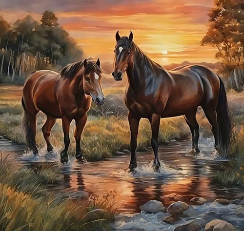 Malowanie Po Numerach Dwa Konie Gniade W Strumieniu 40X50 Cm Na Ramie