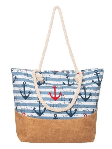 TORBA PLAŻOWA/MIEJSKA KOTWICE JASNA, pak 240, 
różne wzory z morskim motywem, kotwice na jasnym tle, uchwyty ze sznurków
wymiary 56 x 16 x 36 cm