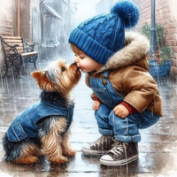 Malowanie Po Numerach Mały Chłopiec Z Psem York W Deszczu 40X50 Z Ramą