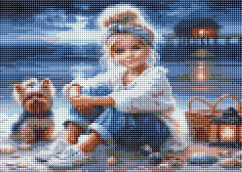 Diamentowa Mozaika Dziewczyna Z Pieskiem York Na Plaży 30x40 Cm