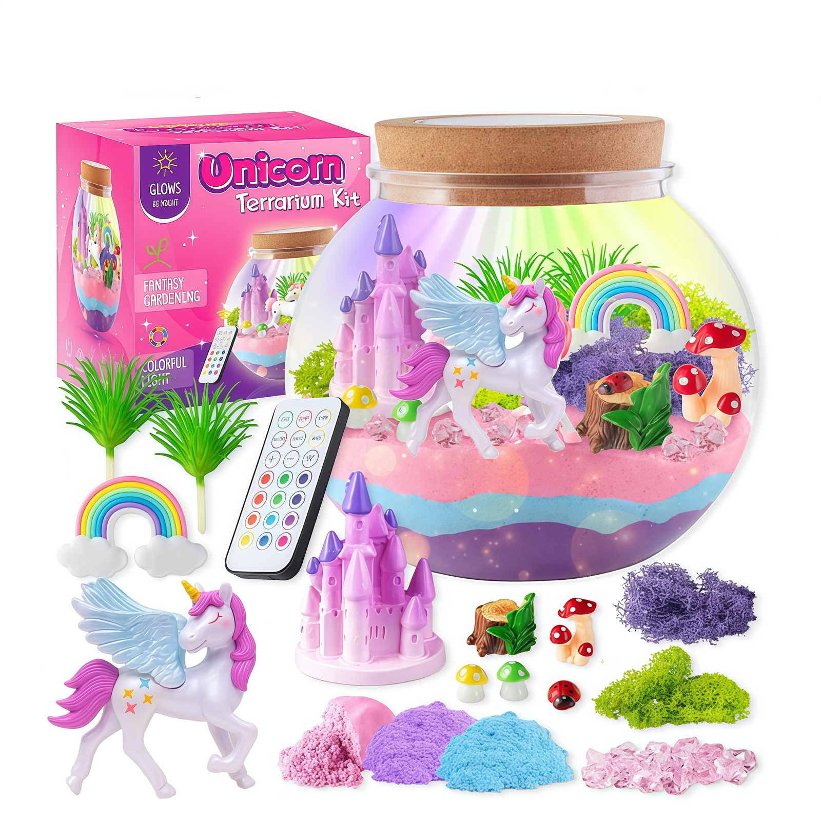 Kreatywna kula terrarium z jednorożcem, dekoracjami i oświetleniem LED