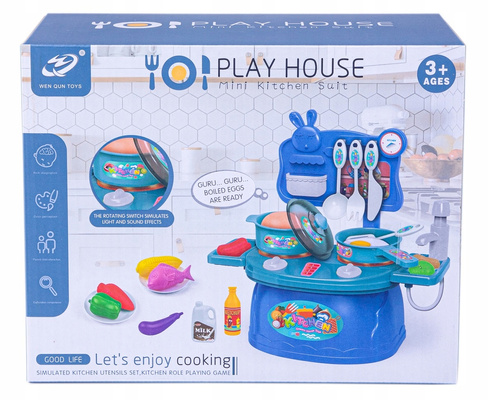 Mini Kuchnia Garnki Kuchenka Światło Dźwięk Kran Warzywa Owoce 19 Elementów