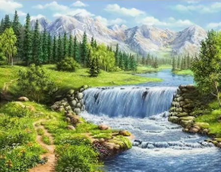 DIAMENTOWA MOZAIKA KRAJOBRAZ RWĄCA RZEKA NA TLE GÓR, PAK 30 
30X40