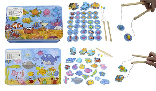 GRA RYBKI (20SZT ) DREWNIANE+ PUZZLE(25SZT ) W PUSZCE METALOWEJ   /48
wymiary 21,5*14,5*6 c,, ns19-465