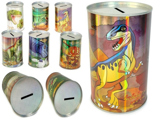 SKARBONKA Z RYSUNKAMI DINOZAURÓW METALOWA BŁYSZCZĄCA