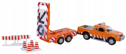 Auto Metalowe Służba Drogowa Pick-up z Przyczepą i Znakami Ostrzegawczymi