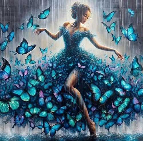 Diamentowa Mozaika Kobieta W Sukni Z Motyli 30x40Cm Kreatywne Diamenty