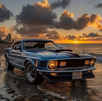 Diamentowa Mozaika Auto Ford Na Plaży Na Tle Zachodzącego Słońca 30x40 Cm