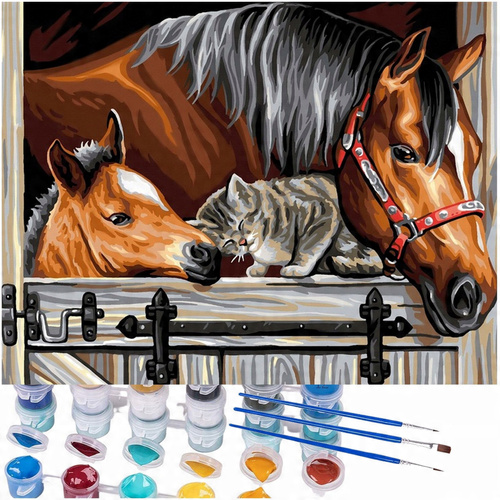 Malowanie Po Numerach Konie W Stajni Wraz Z Kotem 50X40 Z Ramą