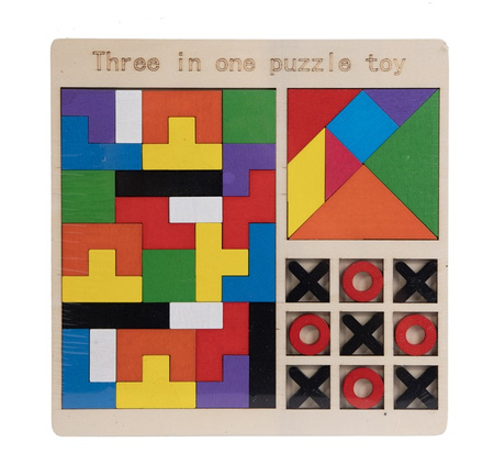 UKŁADANKA DREWNIANA 3 W 1: TETRIS, TANGRAM, KÓŁKO I KRZYŻYK, pak 200 
jedna tablica z trzema grami: tertisem, kółkiem i krzyżykiemm, i tangramem, 
wymiary tablicy: 22 x 22 cm