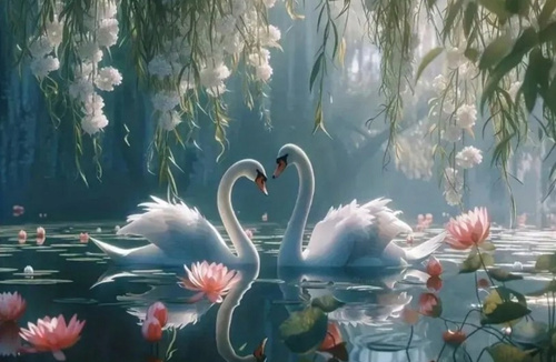 Diamentowa Mozaika Łabędzie W Liliowym Stawie 30x40Cm Kreatywne Diamenty