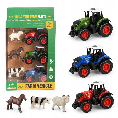 Zestaw Farma 3 Traktory 3 Zwierzęta Koń Krowa Koza Metalowe dla Dzieci
