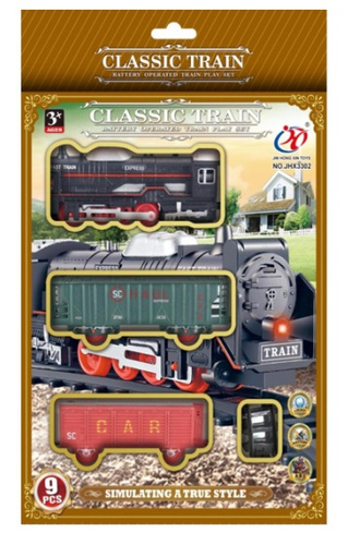 KOLEJKA ZESTAW POCIĄGOWY KLASYCZNY 9 ELEMENTÓW, pak 72/36 
zestaw zawiera 9 elementów: lokomotywa (elektryczna, światło), dwa wagony, 6 elementów toru, 
44 cm średnicy rozłożonego toru, 
wymiary pudełka: 31,2 x 4,5 x 20,5 cm