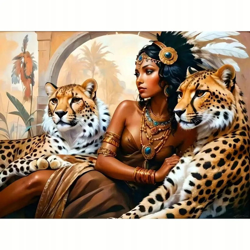 Diamentowa Mozaika Kobieta I Dwa Gepardy Haft Kreatywny 30x40 Cm