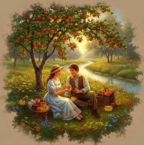 Malowanie Po Numerach Para Piknik Pod Jabłonią 40X50 Cm Na Ramie