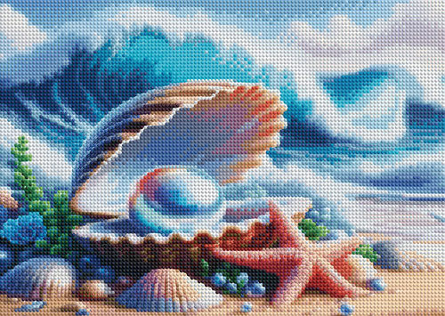 Diamentowa Mozaika Perła W Małży Na Plaży Przy Wzburzonym Morzu 30x40 Cm