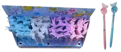 DŁUGOPIS MOTYL NA OKIENKU Z KRYSZTAŁKAMI, pak 1728 
długopis z transparentnym wnętrzem, w którym widoczne są kryształki, na szczycie okienko z kryształkami, różne kolory, 
display 48 sztuk
długopis: ok. 19,5 cm,
