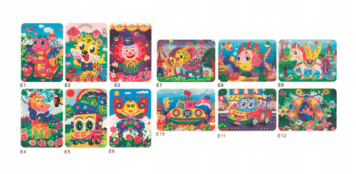 MOZAIKA WYKLEJANKA + DIAMENCIKI MIX OBRAZKÓW *12 WOREK PAK-1200
zawrtość sztuki : kolorowy szablon z rysunkiem, 4 kompl. naklejek brokatowych ,1 pastelowa+ diamentowe kwiatki, diamentowe okręgi. Wzory :paw, auto,łódż podwodna,pegaz,rybka,słoń cyrkowy,,
