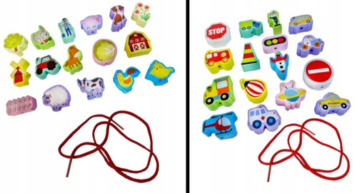 Drewniane Klocki Przeplatanka Do Nawlekania Na Sznurek Mix Farma/Pojazdy