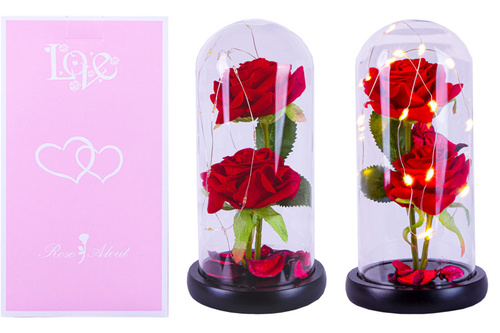 RÓŻA CZERWONA NATURAL Z PŁATKAMI+ ŚWIECĄCE DODATKI