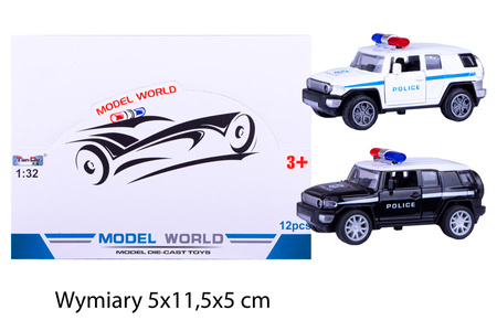 AUTO METAL*12 JEEP POLICJA BIAŁY DACH  OTWIERANE DRZWI ŚW, DŹW. BOX  108/216
Wymiary 5x11,5x5 cm
Waga displaya 1,355 kg szt 0,991 kg