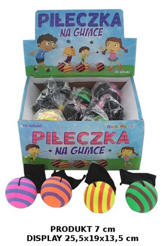 PIŁECZKA NA GUMCE W PASY*24 BOX /144
Wymiary displaya 25,5x19x13,5 cm / Wymiary szt 7 cm / Waga displaya 2,120 kg, szt 0,082 kg