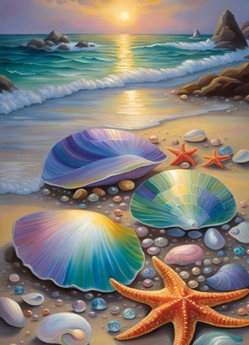 Diamentowa Mozaika Haft Kolorowe Muszle Z Rozgwiazdą Na Plaży 30x40 Cm