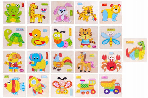 Drewniane Puzzle Zwierzęta Oraz Pojazdy Dla Dzieci Układanka Na Prezent