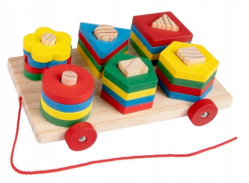 Drewniany Wózek Z Piramidkami Różne Kształty Zabawka Montessori