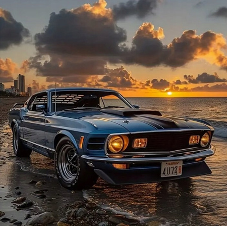 Diamentowa Mozaika Auto Ford Na Plaży Na Tle Zachodzącego Słońca 30x40 Cm