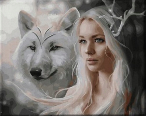 Malowanie Po Numerach Wilk Z Kobietą Biel 50X40 Cm Na Ramie Kreatywne