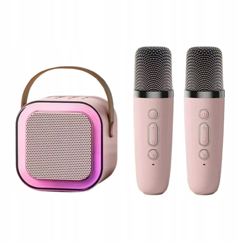 Głośnik Karaoke 2 Mikrofony Bluetooth USB Karta Pamięci Różowy Światła LED