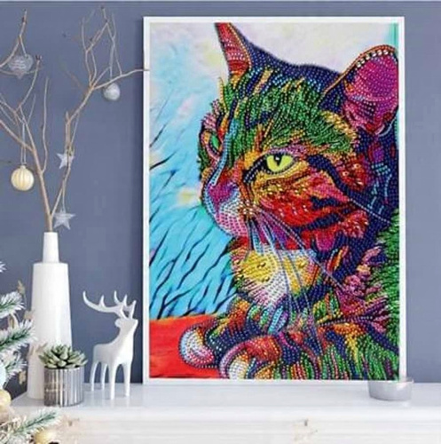 Diamentowa Mozaika Haft 7D Mały Tęczowy Kotek Kocisko 30X40