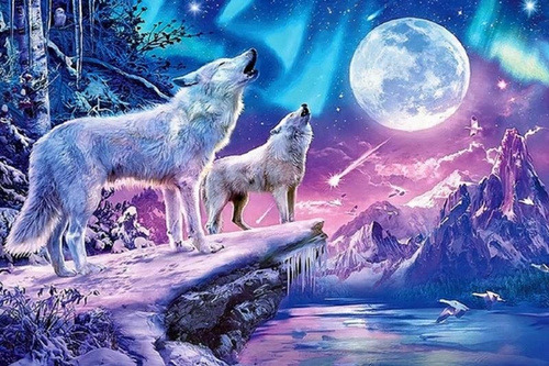 Diamentowa Mozaika Dwa Wilki Na Tle Pełni 30x40Cm Kreatywne Diamenty