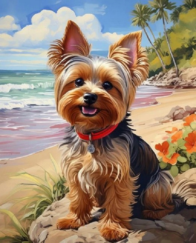 Malowanie Po Numerach Pies York Na Plaży 40X50 Cm Na Ramie Kreatywne