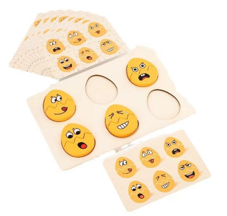 DREWNIANA UKŁADANKA DOPASOWYWANIE JAJEK EMOTEK, pak 120, 
logiczna drewniana zabawka z dopasowywaniem minek, opakowanie: blister, 
wymiary: 20 x 13 x 1,1 cm