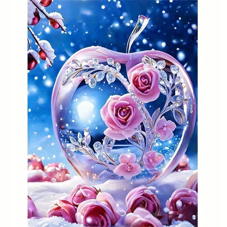 Diamentowa Mozaika Szklane Jabłko Z Różami Śnieg Zima 30x40 Cm