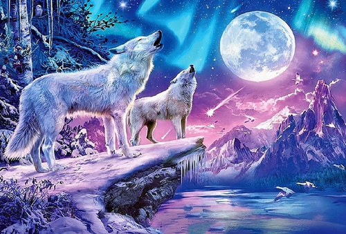 Diamentowa Mozaika Dwa Wilki Na Tle Pełni 30x40Cm Kreatywne Diamenty