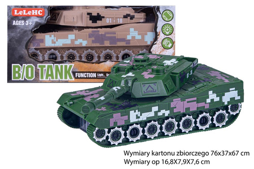 CZOŁG NA BATERIE MINI 01-18 KARTON   PAK 144/72
Wymiary kartonu zbiorczego 76x37x67 cm / Wymiary op 16,8X7,9X7,6 cm
jezdzi, na kólkach, obrotowa wieżyczka. 
Zasilanie: bateryjne 3x 1,5 AA (brak w zestawie)