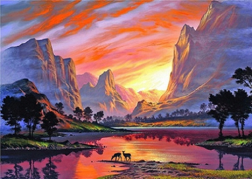 Diamentowa Mozaika Góra Przy Wodopoju Zwierzęa Afryka 30x40 Cm Kreatywne