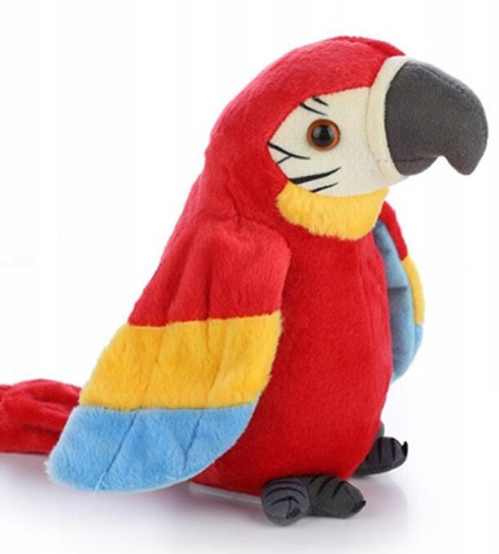 PAPUGA CZEROWNA POWTARZAJACA I MUZYKUJACA PLUSZOWA PAK-100
powtarza mowę I macha skrzydłami, dłużej przytrzymany przycisk włącza i wyłacza 30 melodii,
zasilanie 3 baterie AAA niezałączone.