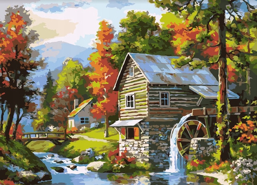 Malowanie Po Numerach Młyn Wodny Nad Rzeką Jesienią 40X50 Rama