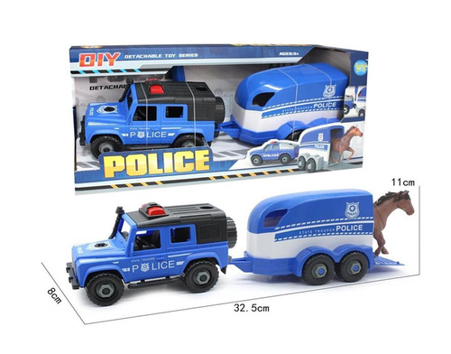 AUTO JEEP POLICJA Z PRZYCZEPĄ ZABUDOWANĄ + KOŃ KARTON OTWARTY PAK 48/24
śrubokręt w zestawie , odkręcane koła i przyczepa, twierany dach przyczepy