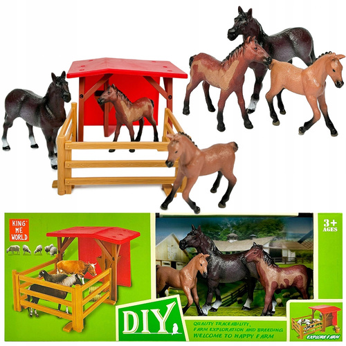 Zwierzęta Domowe Wiejskie Farma Figurki 3 Konie + Wiata Ogrodzenie