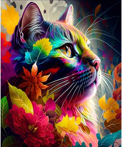 Diamentowa Mozaika Kolorowy Kot W Liściach 30X40 Cm Kreatywne Diamenty