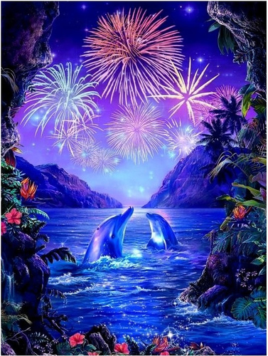 Malowanie Po Numerach Delfiny I Sztuczne Ognie 50X40 Cm Rama Kreatywne