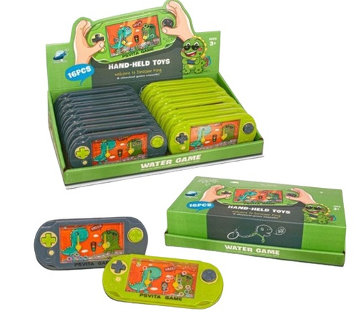 GRA WODNA KONSOLA Z DINOZAURAMI*16 BOX, pak 384/192
gre zręcznościowa z dwoma guziczkami,
dwa różne wzory,
display 16,
wymiary display: 33,5 x 18,5 x 8 (16) cm
wymiary gierki: 15,5 x 7,5 x 1,5 cm