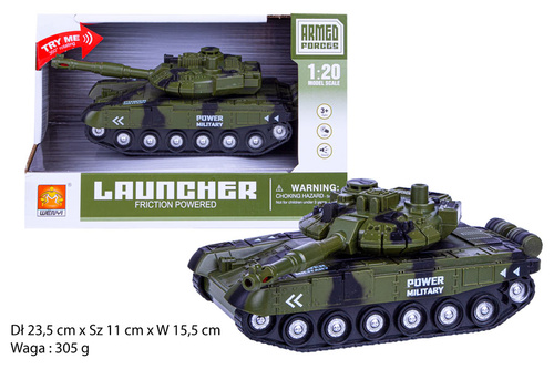 CZOŁG LAUNGER ŚWIATŁO , DZWIĘK B/O KARTON OTWARTY pak 48
1:20 wym. 23,5x10,7x15,5
Dł 23,5 cm x Sz 11 cm x W 15,5 cm Waga : 305 g
świecąca lufa, dżwięk strzelania uruchomiany przyciska na dachu
baterie AG13X3 w zestawie